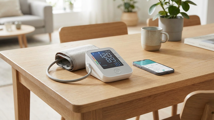 Ein modernes Blutdruckmessgerät liegt griffbereit auf einem hellen Holztisch.