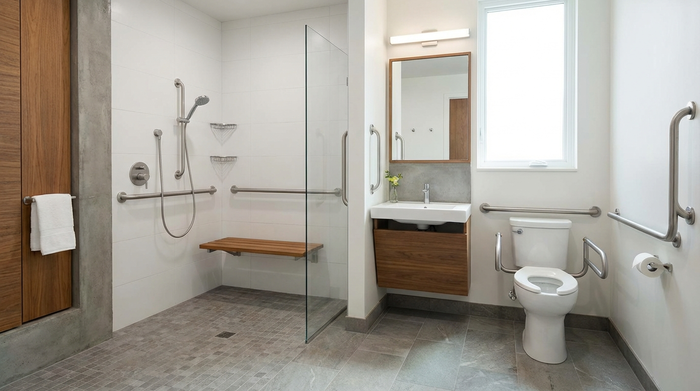 Modernes, barrierefreies Badezimmer mit bodengleicher Dusche und stabilen Haltegriffen.
