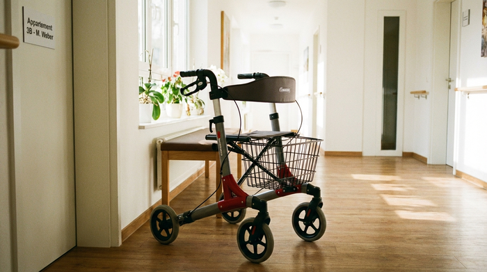 Seniorengerechter Rollator steht sicher geparkt in einem hellen Flur.