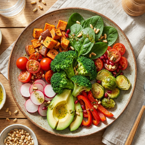 Bunter Teller mit frischem Gemüse, darunter Brokkoli und Spinat, appetitlich angerichtet.