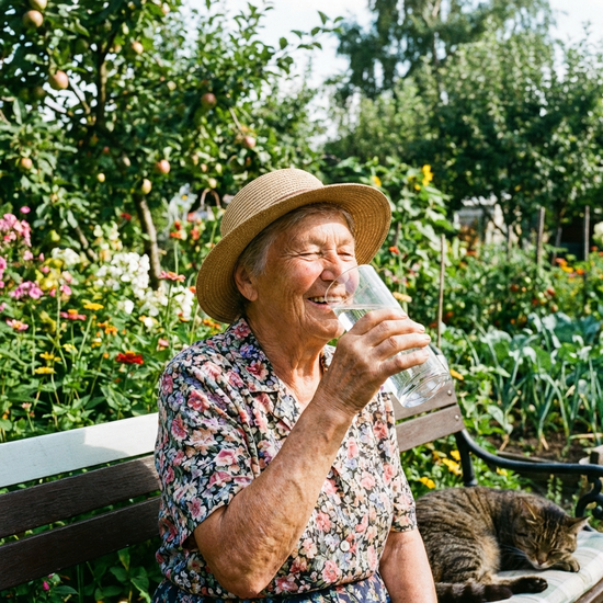 Ältere Dame trinkt genüsslich ein großes Glas Wasser im Garten.
