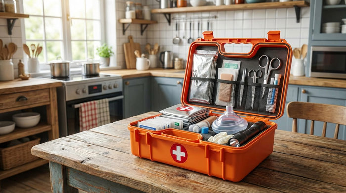 Ein vollständig ausgestatteter Erste-Hilfe-Kasten steht griffbereit auf einem Tisch.