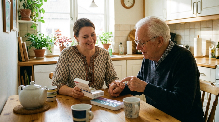 Freundliche Pflegerin und älterer Herr sitzen gemeinsam am Küchentisch und betrachten eine Medikamentenbox
