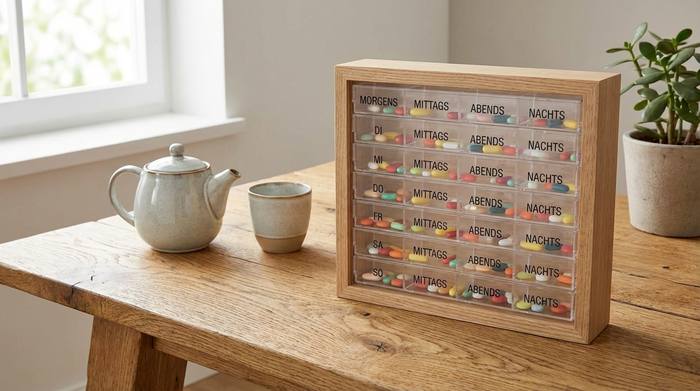 Moderne, übersichtliche Medikamentenbox mit verschiedenen Fächern für die tägliche Einnahme auf einem Holztisch