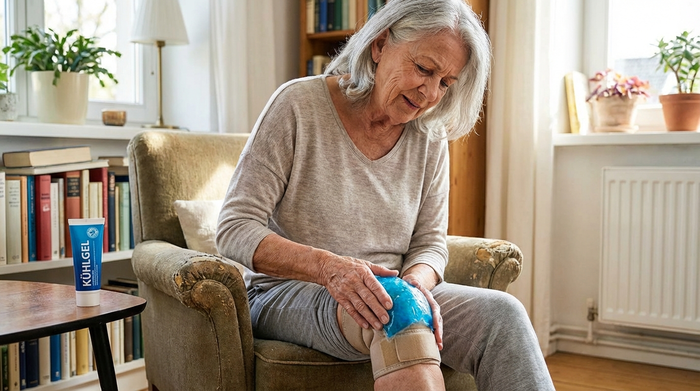 Seniorin trägt behutsam ein kühlendes Gel auf ihr Knie auf