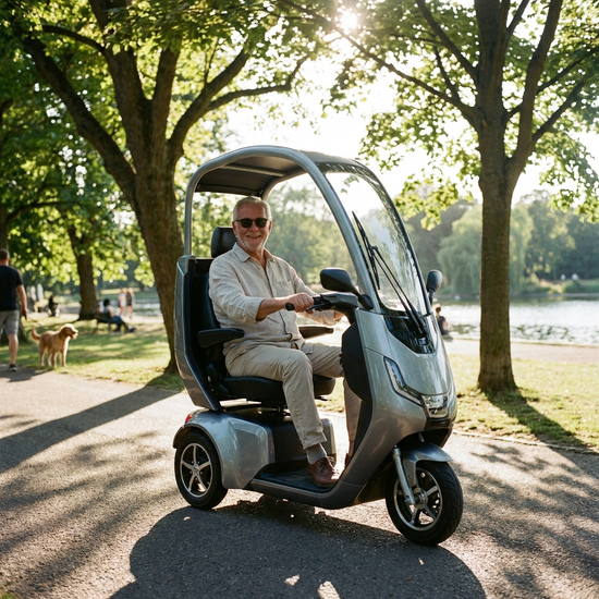 Senior fährt entspannt mit einem modernen Elektromobil durch einen sonnigen Park