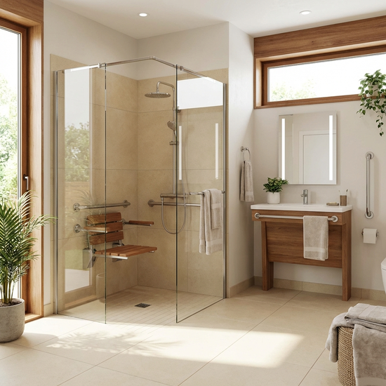 Barrierefreies, helles Badezimmer mit bodengleicher Dusche und sicherem Duschsitz