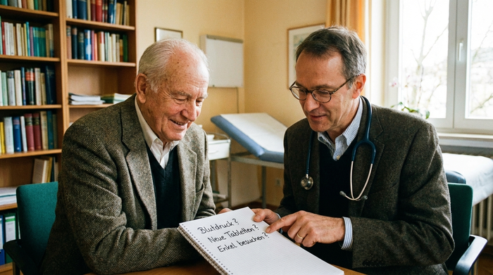 Älterer Herr und sein Hausarzt betrachten im Sprechzimmer gemeinsam einen Notizblock mit Fragen