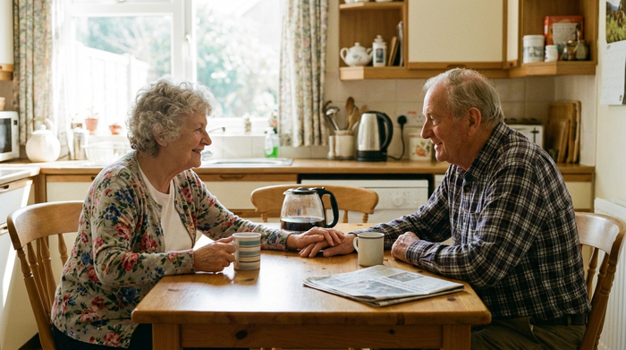 Älteres Ehepaar sitzt lächelnd am Küchentisch, die Frau hält liebevoll die Hand ihres Mannes