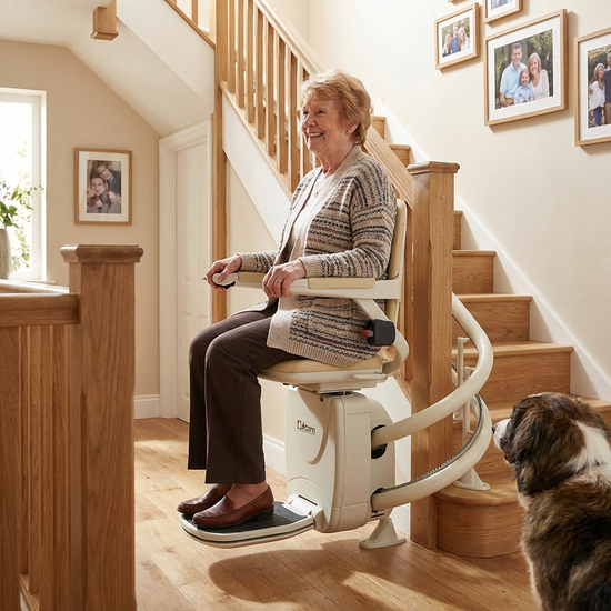 Seniorin fährt sicher und bequem mit einem Treppenlift nach oben
