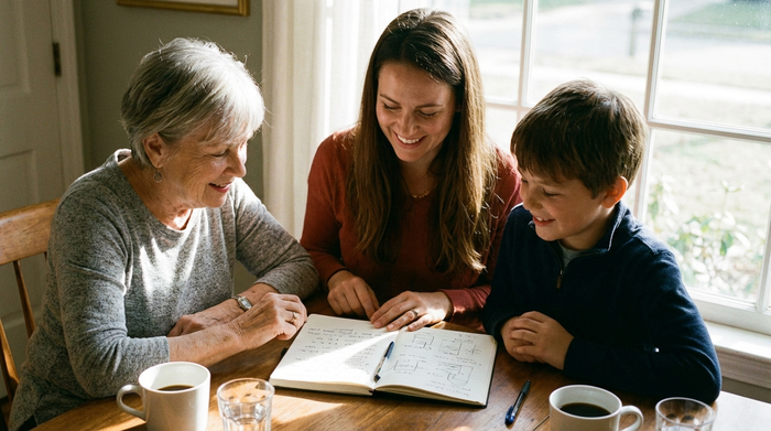 Senior und Angehörige besprechen gemeinsam Notizen in einem Notizbuch am Tisch