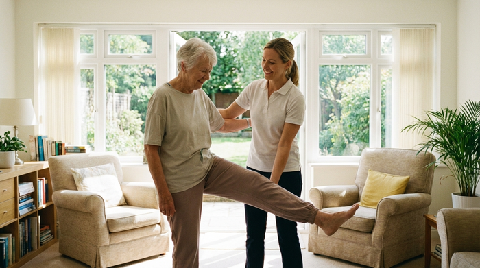 Seniorin macht vorsichtige Dehnübungen im hellen Wohnzimmer mit Unterstützung einer Physiotherapeutin