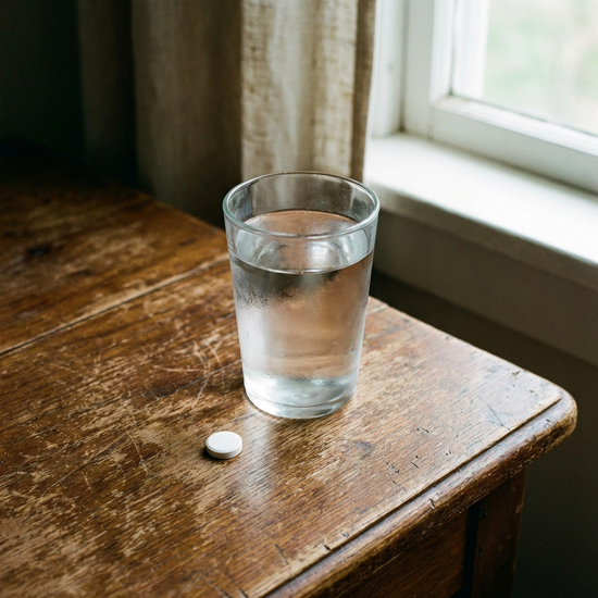 Glas Wasser und eine einzelne weiße Tablette auf einem sauberen Holztisch
