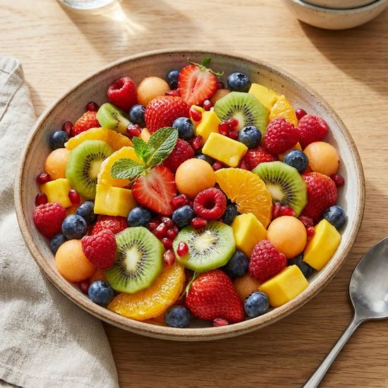 Frischer Obstsalat in einer Schüssel, ohne eiweißreiche Zutaten