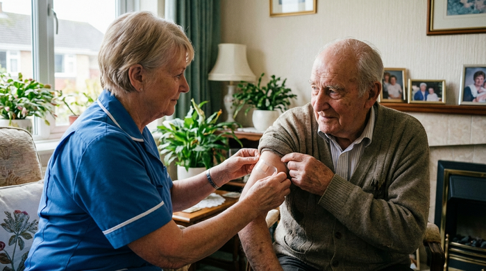 Pflegerin klebt behutsam ein transparentes Pflaster auf den Oberarm eines älteren Herrn