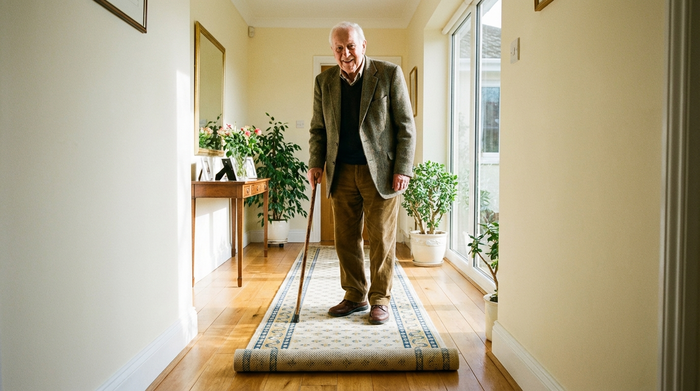 Senior mit Gehstock steht sicher auf einem rutschfesten Teppich im hellen Flur