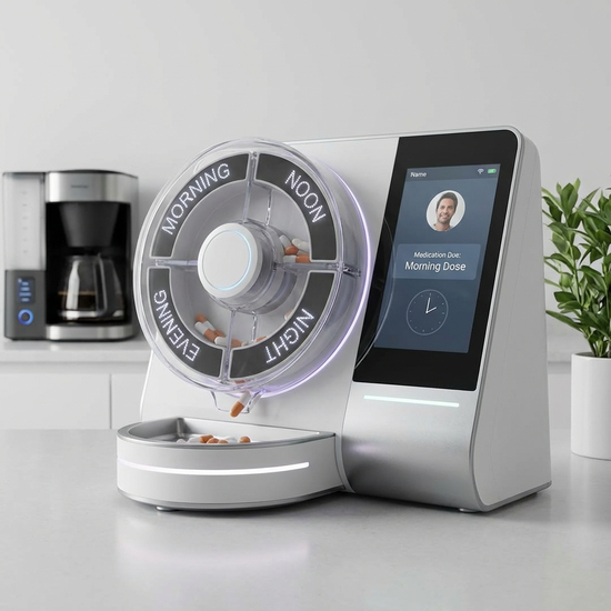 Moderner elektronischer Tablettenspender mit Fächern für verschiedene Tageszeiten