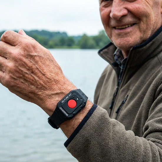 Wasserfester Hausnotruf-Sender als Armband am Handgelenk eines Seniors