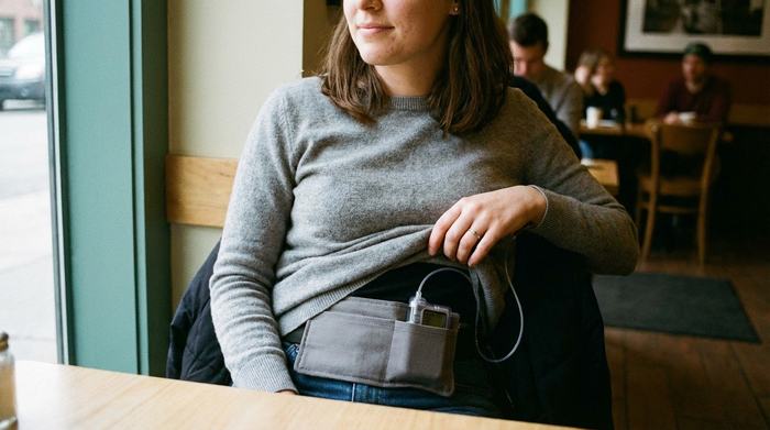 Kleine, unauffällige medizinische Pumpe in einer speziellen Gürteltasche getragen