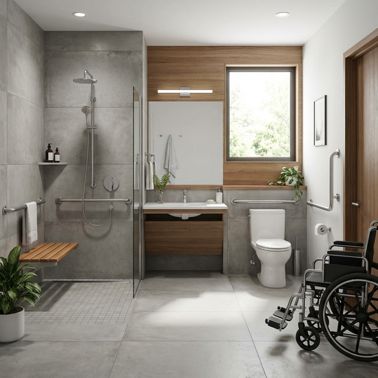 Modernes, barrierefreies Badezimmer mit Haltegriffen und bodengleicher Dusche