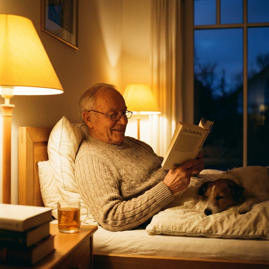 Älterer Herr liest abends entspannt ein Buch im Bett