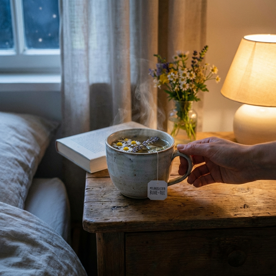 Tasse mit pflanzlichem Beruhigungstee auf einem Nachttisch