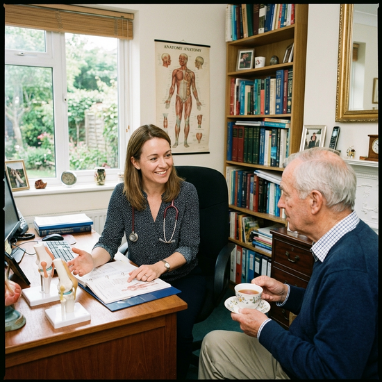 Freundliche Ärztin im ausführlichen Beratungsgespräch mit einem älteren Patienten