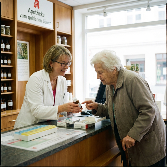 Apothekerin erklärt einer Seniorin die richtige Einnahme von Medikamenten