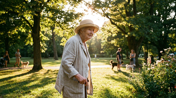 Seniorin beim entspannten Spaziergang im sonnigen Park