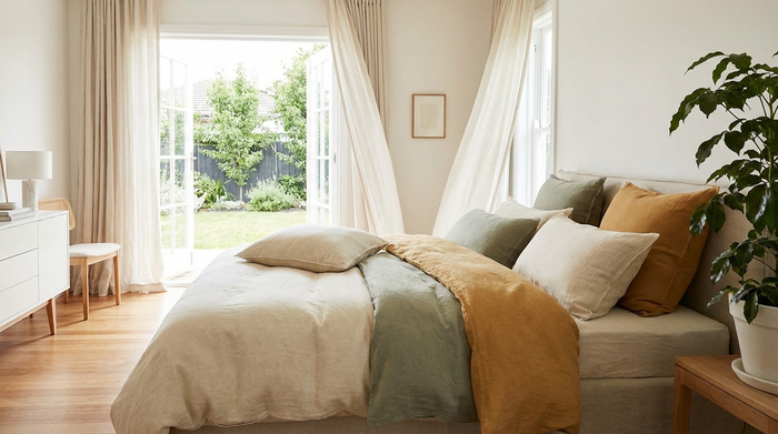 Gut gelüftetes, aufgeräumtes Schlafzimmer mit bequemen Kissen