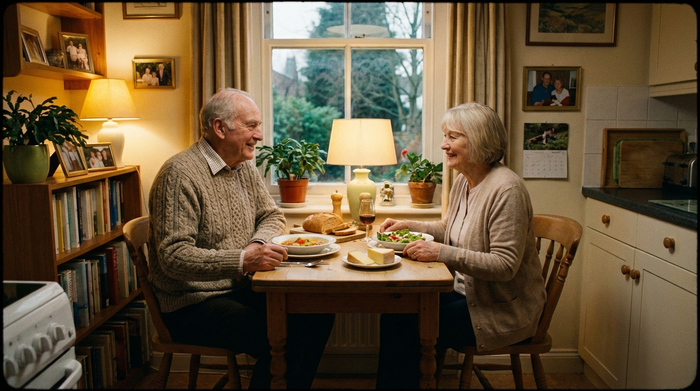 Älteres Ehepaar beim gemeinsamen, leichten Abendessen
