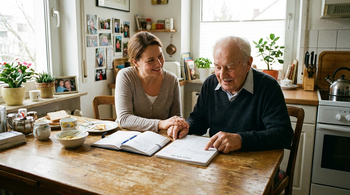 Einfühlsame Pflegekraft sitzt gemeinsam mit einem Senior am Küchentisch und unterstützt bei der Tagesplanung