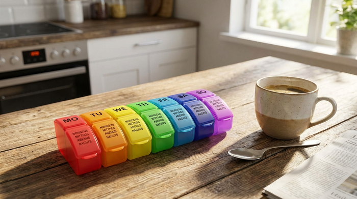 Bunter Medikamentendispenser für sieben Tage auf einem hölzernen Küchentisch neben einer Kaffeetasse