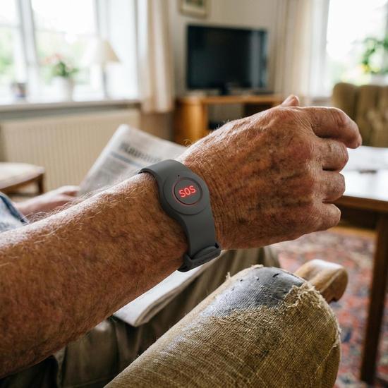 Hausnotruf-Armband am Handgelenk eines Seniors