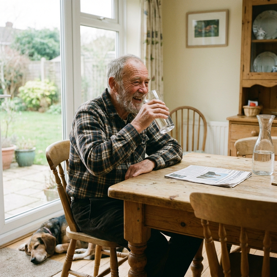 Älterer Herr beim Trinken eines großen Glases Wasser am Esstisch