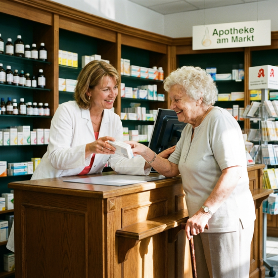 Apothekerin berät eine ältere Dame freundlich am Handverkaufstisch