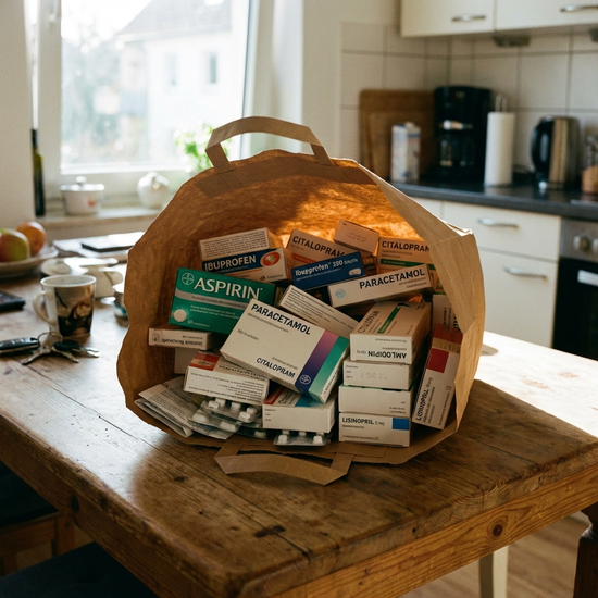 Papiertüte gefüllt mit verschiedenen Medikamentenschachteln auf einem Tisch