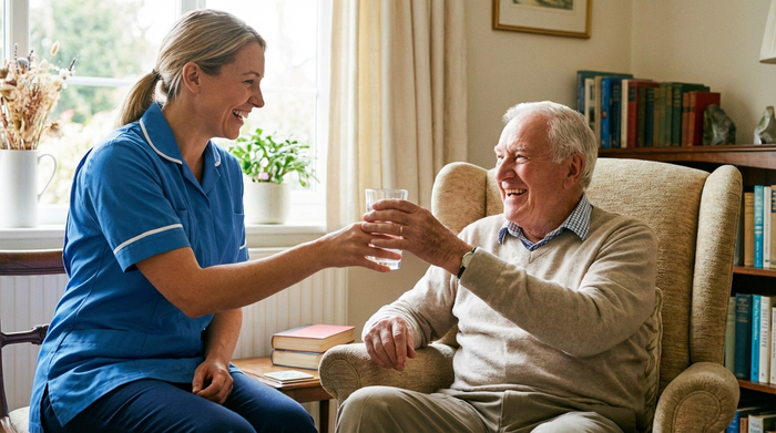 Pflegekraft reicht einem lächelnden Senior ein Glas Wasser