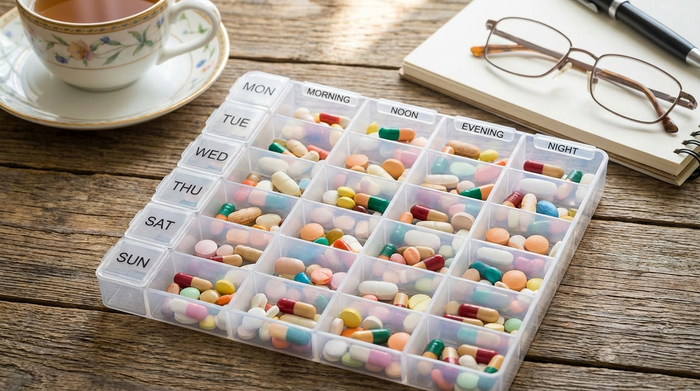 Wochendispenser mit sortierten Tabletten