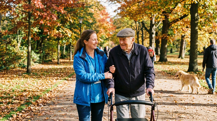 Pflegekraft und Senior beim gemeinsamen Spaziergang im Park