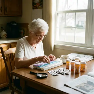 Seniorin sortiert Medikamente sorgfältig in eine Tablettenbox am Küchentisch