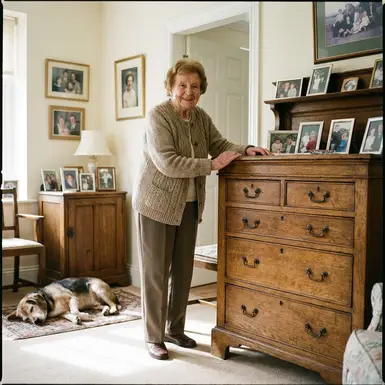 Seniorin hält sich an einem stabilen Möbelstück fest