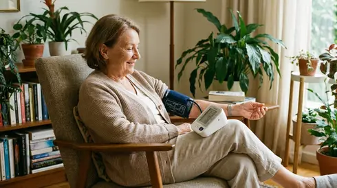 Seniorin misst entspannt ihren Blutdruck am Oberarm