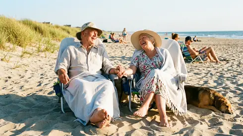 Älteres Paar sitzt entspannt an einem sonnigen Strand
