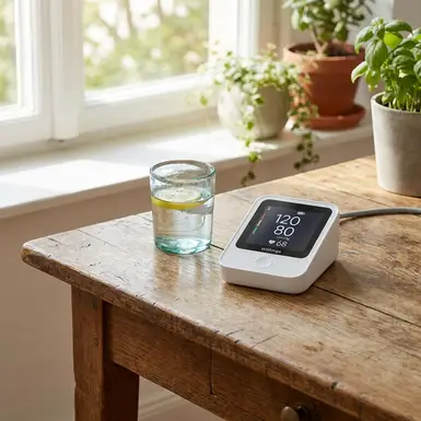 Modernes Blutdruckmessgerät liegt neben einem Wasserglas auf einem Holztisch