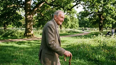 Älterer Herr geht entspannt mit einem Gehstock durch einen grünen Park