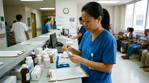 Pflegerin bereitet Medikamente vor