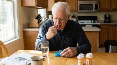 Senior nimmt Tabletten ein