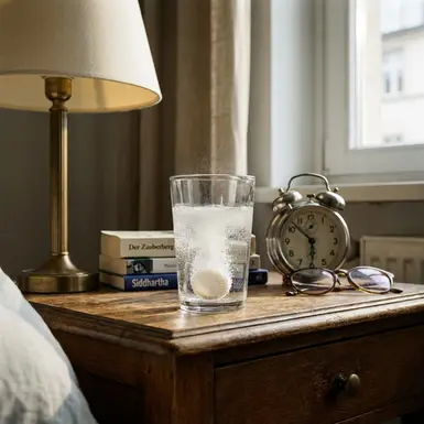 Glas Wasser mit einer Tablette auf einem Nachttisch