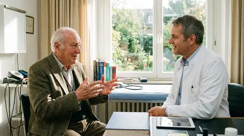 Senior im Gespräch mit einem Arzt in der Praxis